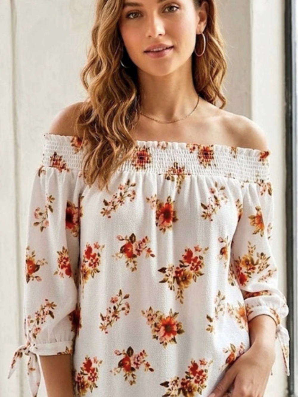 One Clothing Floral Off Shoulder Tie Sleeve Blouse White & Orange